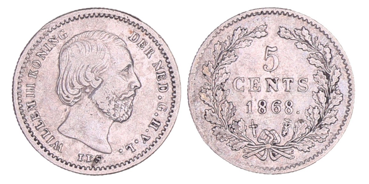 5 Cent Willem III 1868. Zeer Fraai.