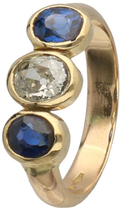 3 Steens ring geelgoud, ca. 0.75 ct. diamant en saffier - 18 kt.