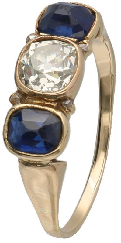 Vintage ring geelgoud, ca. 0.87 ct. diamant en saffier - 14 kt.