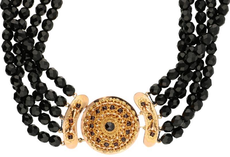 Antiek rouw collier met rosegouden sluiting, git en granaat - 14 kt.