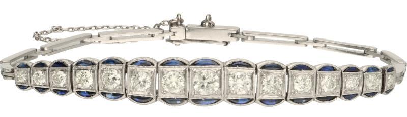 Art Deco armband platina, ca. 1.34 ct. diamant en saffier - Pt 950.