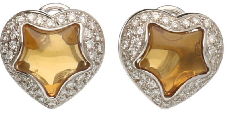 Chimento hartvormige oorbellen witgoud, ca. 0.76 ct. diamant en citrien - 14 kt.