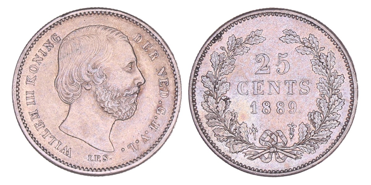 25 Cent Willem III 1889. Prachtig -.