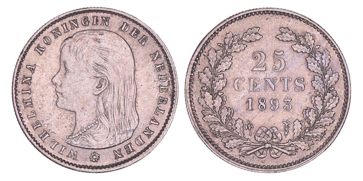 25 Cent Wilhelmina 1893. Zeer fraai / Prachtig.