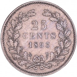 25 Cent Wilhelmina 1893. Zeer fraai / Prachtig.