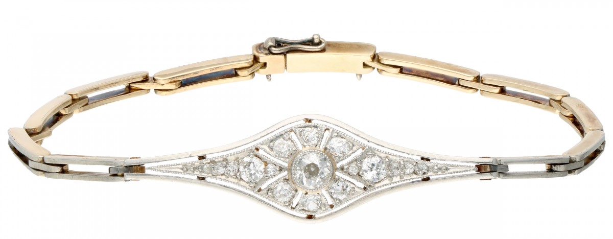 Geelgouden Art Deco armband, met ca. 0.59 ct. diamant - 14 kt.