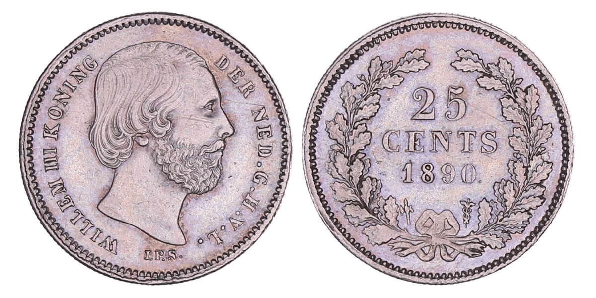 25 Cent Willem III 1890. Prachtig + (Opgewreven).