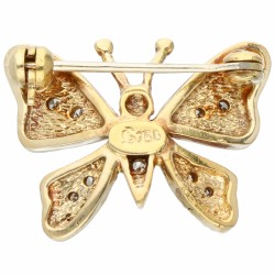 Geelgouden vlinder broche, met ca. 0.12 ct. diamant - 18 kt.