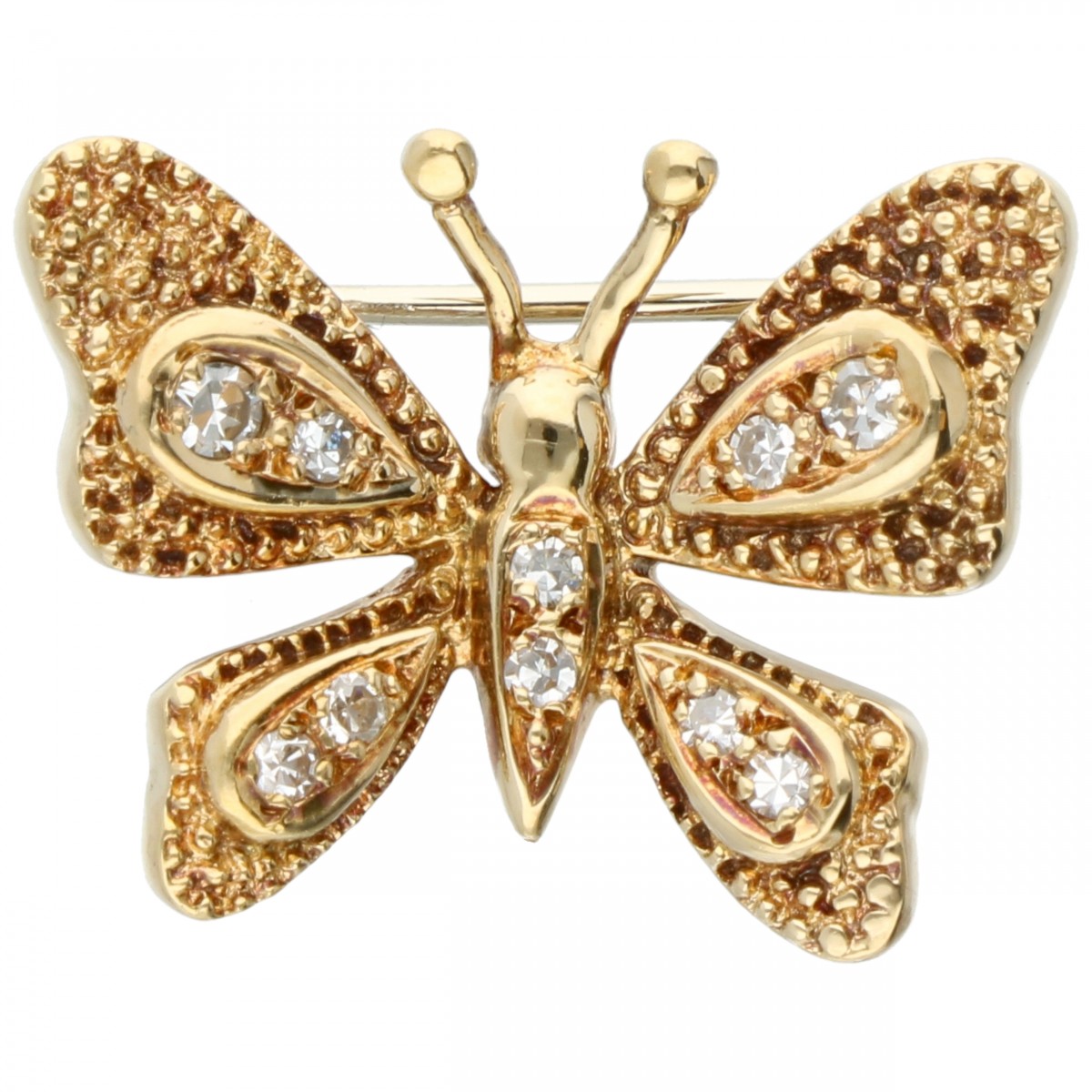 Geelgouden vlinder broche, met ca. 0.12 ct. diamant - 18 kt.