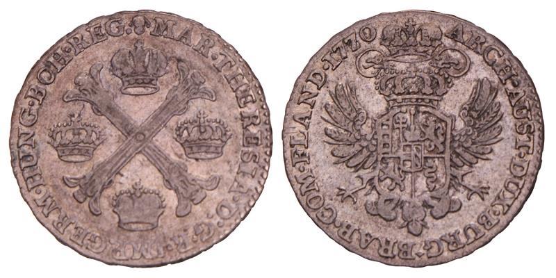Halve Kronenthaler Maria Theresia 1770 over 1760. Zeer Fraai +.