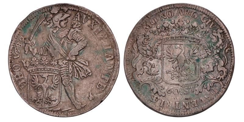 Dubbele daalder van 60 stuiver Deventer 1689. Zeer Fraai -.