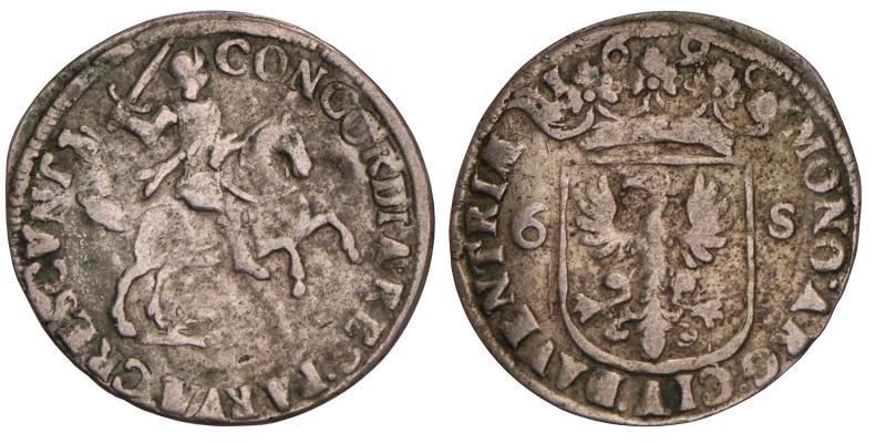 Rijdersschelling van 6 stuiver Deventer 1690. Fraai +.