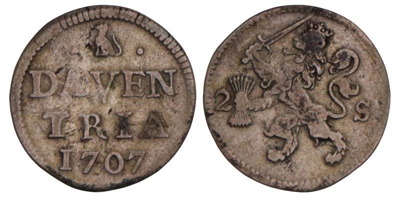 2 Stuiver Deventer 1707. Zeer Fraai.