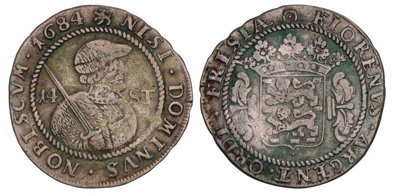 Halve florijn van 14 stuiver Friesland 1684. Zeer Fraai.