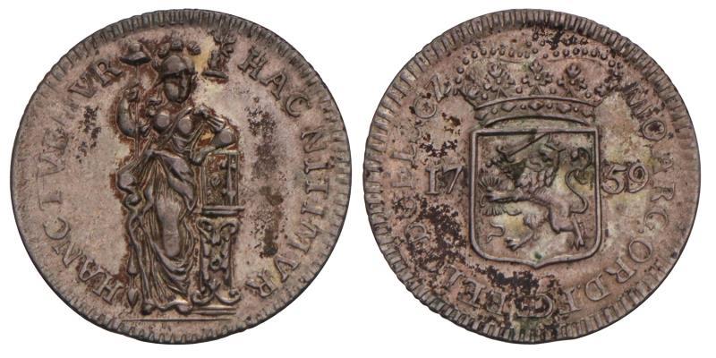 Muntmeesterpenning Gelderland 1759. Zeer Fraai.
