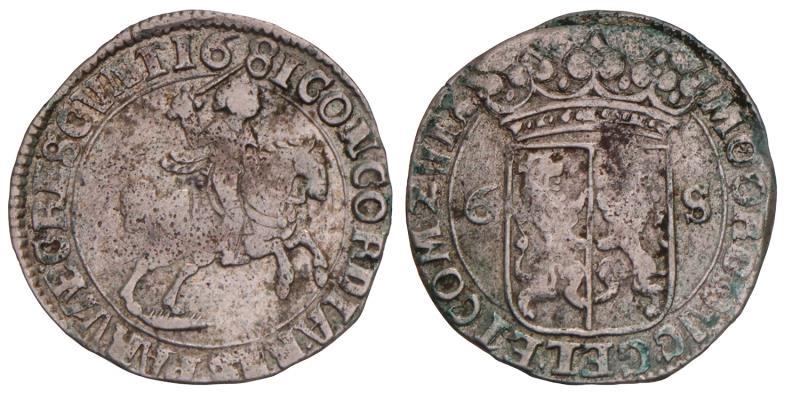 Rijdersschelling van 6 stuiver Gelderland 1681. Fraai +.