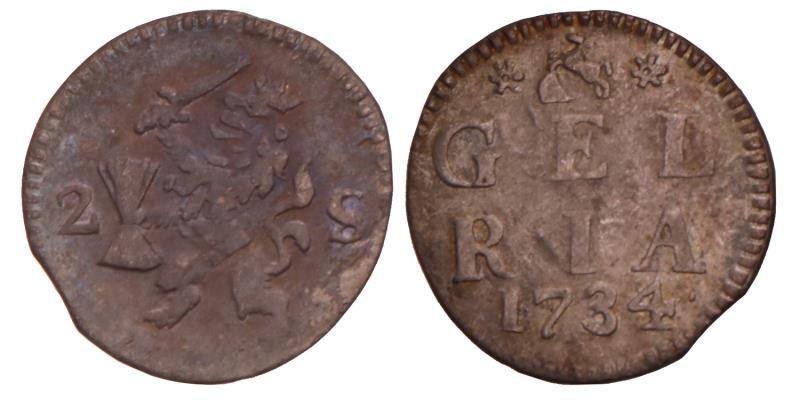 2 stuiver Gelderland 1734. Fraai +.
