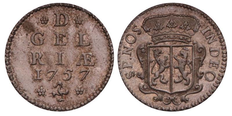 Duit afslag in zilver Gelderland 1757. FDC.
