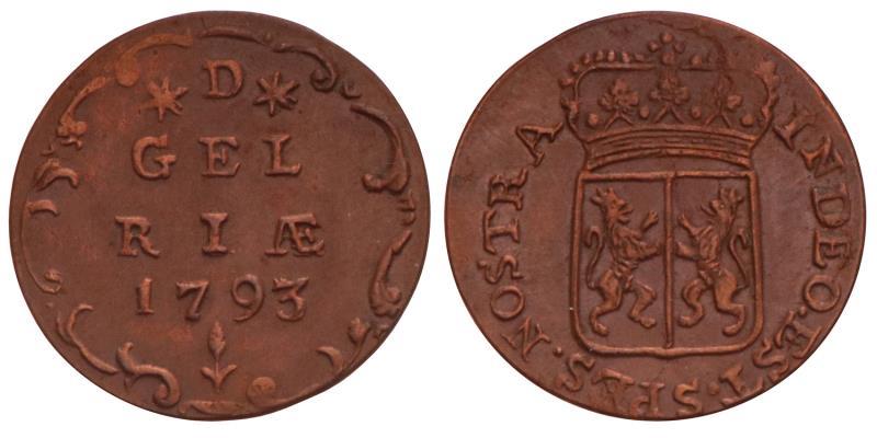Duit Gelderland 1793. Prachtig.