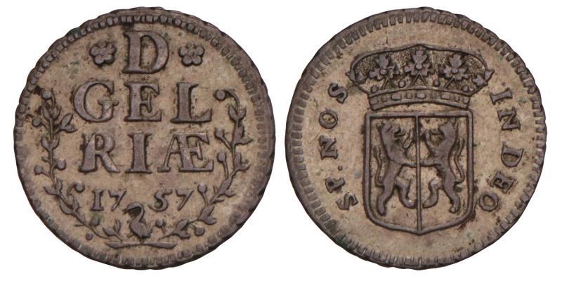 Halve duit Gelderland 1757. Zeer Fraai.