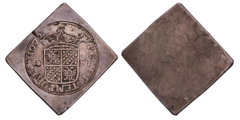 Rijksdaalder van 50 stuiver Groningen 1672. Zeer Fraai + (stempelbreuk).