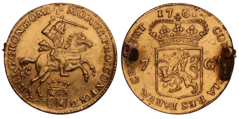 7 Gulden of halve gouden rijder Groningen 1761. Zeer Fraai (Montage resten).