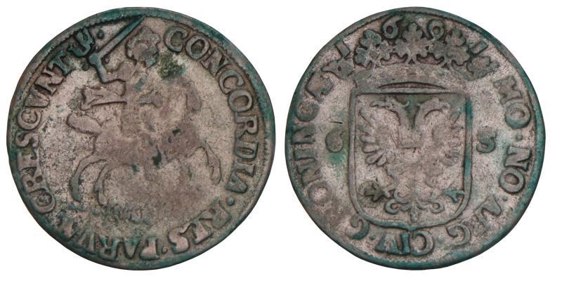 Rijdersschelling van 6 stuiver Groningen stad 1691. Fraai +.