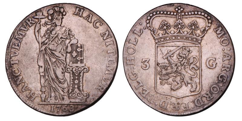 3 Gulden Holland 1763. Zeer Fraai.