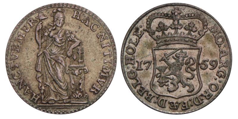 Muntmeesterpenning Holland 1759. Zeer Fraai / Prachtig.
