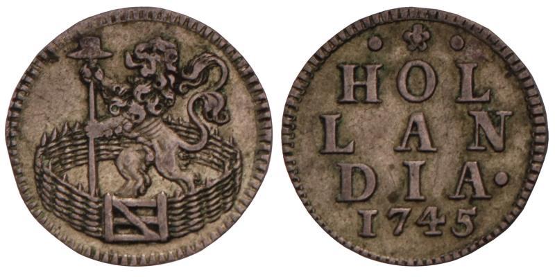 Duit in zilver Holland 1745. Zeer Fraai / Prachtig.