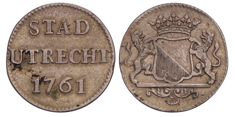 Duit Utrecht stad 1761. Zeer Fraai / Prachtig.