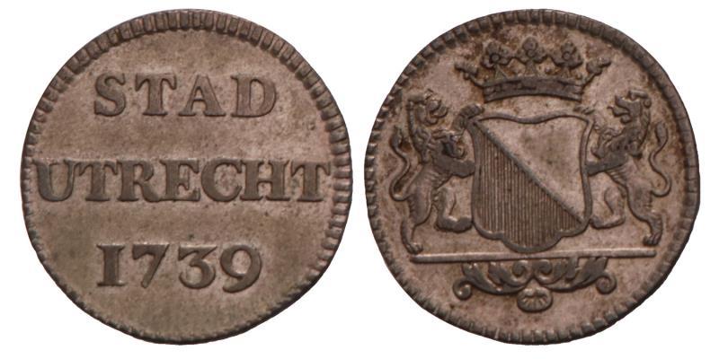 Duit afslag in zilver Utrecht 1739. Zeer Fraai / Prachtig.