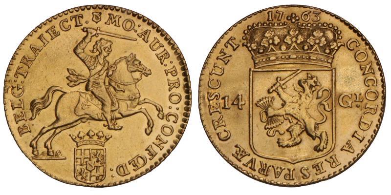 14 Gulden of goudenrijder Utrecht 1763. Zeer Fraai (Heeft in hanger gezeten).