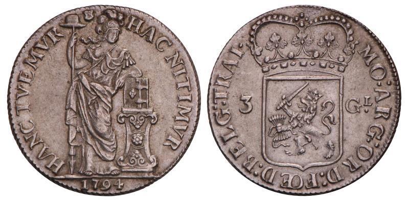 3 Gulden Utrecht 1794. Prachtig.