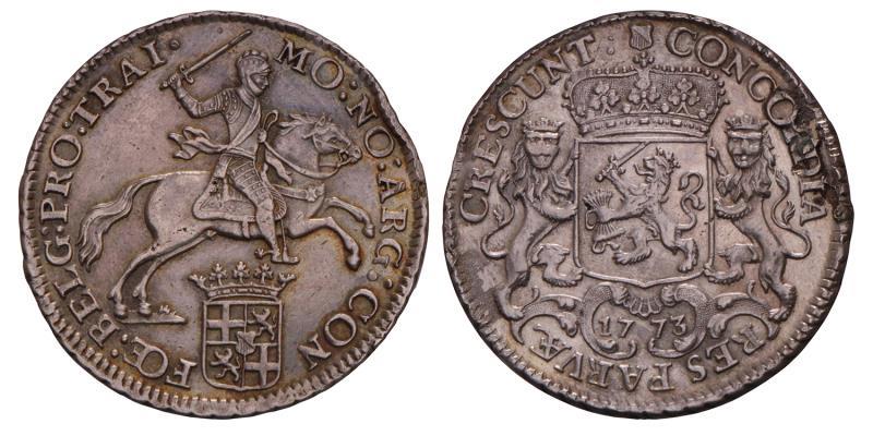 Halve dukaton of zilveren rijder Utrecht 1773. Prachtig (montage en tikje in rand).