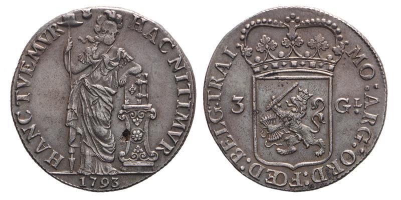 3 Gulden Utrecht 1793. Met gietgal. Zeer Fraai / Prachtig.