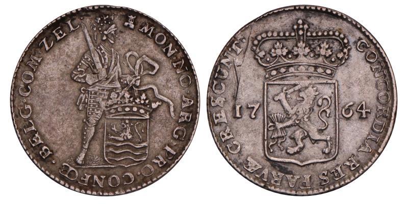 Halve zilveren dukaat Zeeland 1764. Zeer Fraai.