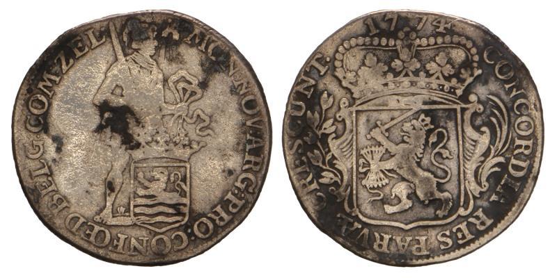 Kwart zilveren dukaat Zeeland 1774. Fraai +.