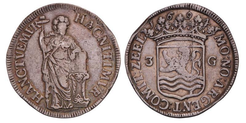 3 Gulden Zeeland 1694. Zeer Fraai (tikje in rand).