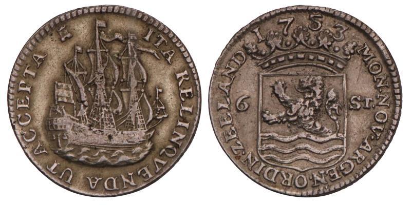 Scheepjesschelling van 6 stuiver Zeeland 1753 piedfort. Zeer Fraai / Prachtig. 