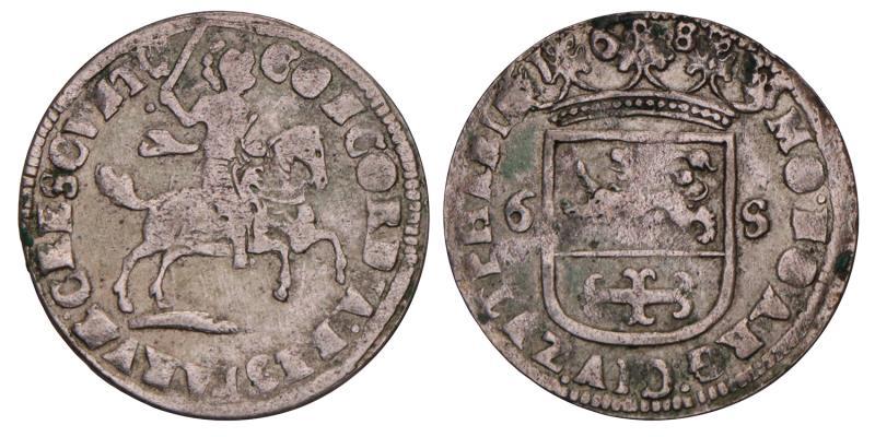 Rijdersschelling van 6 stuiver Zutphen 1688. Fraai +.
