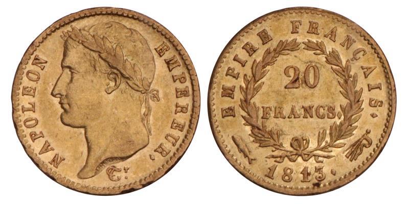 20 Franc Keizer Napoleon I 1813. Zeer Fraai / Prachtig.