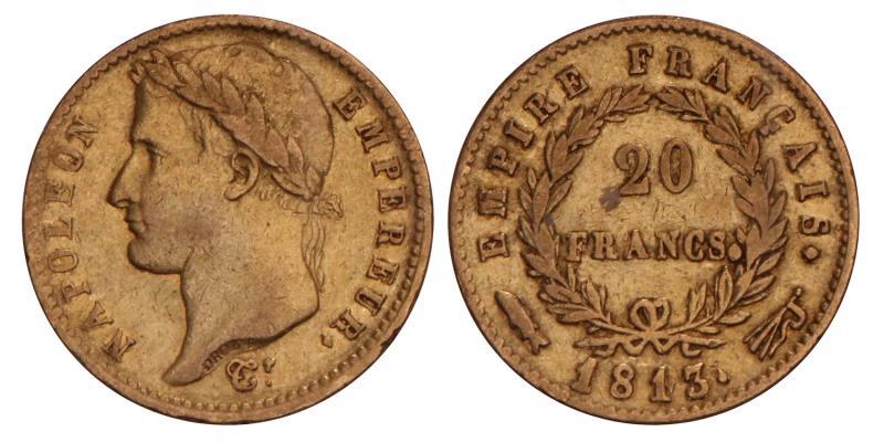 20 Franc Keizer Napoleon I 1813. Zeer Fraai.