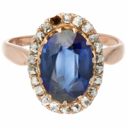 Rosegouden rozet ring, met ca. 0.21 ct. diamant en synthetische saffier - 14 kt.