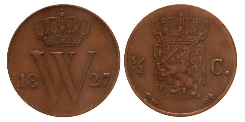 ½ Cent Willem I 1827 U. Zeer Fraai / Prachtig.
