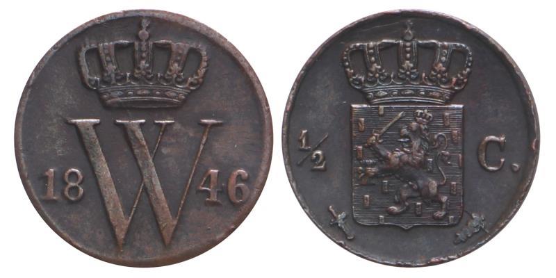 ½ Cent Willem II 1846. Zeer Fraai +.