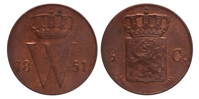 ½ Cent Willem III 1851. FDC.
