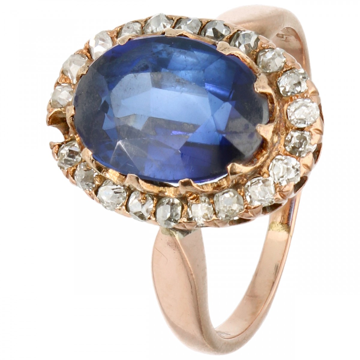 Rosegouden rozet ring, met ca. 0.21 ct. diamant en synthetische saffier - 14 kt.