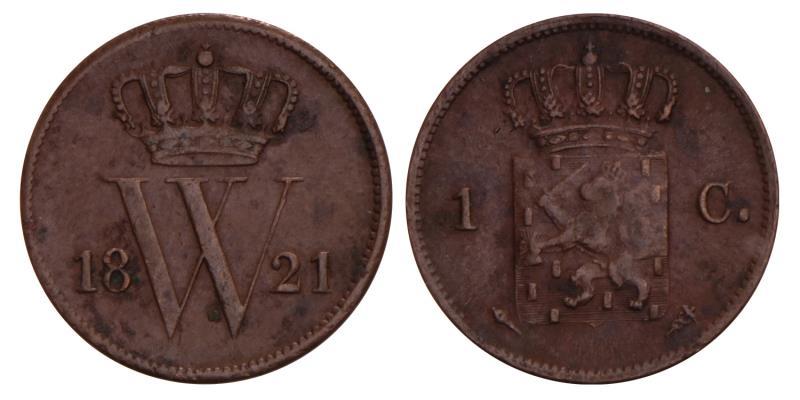 1 Cent Willem I 1821 U. Zeer Fraai +.