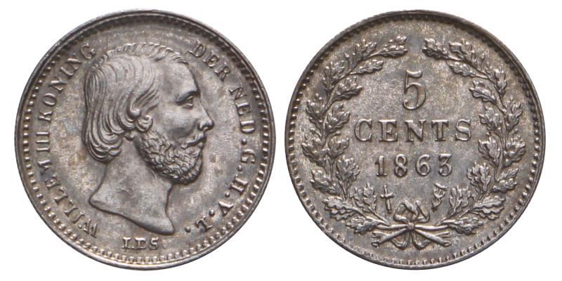 5 Cent Willem III 1863. Prachtig / FDC.